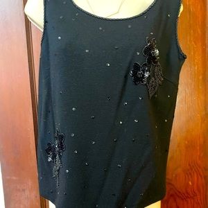 Vintage Ladies sleeveless black knit blouse with beaded flower design